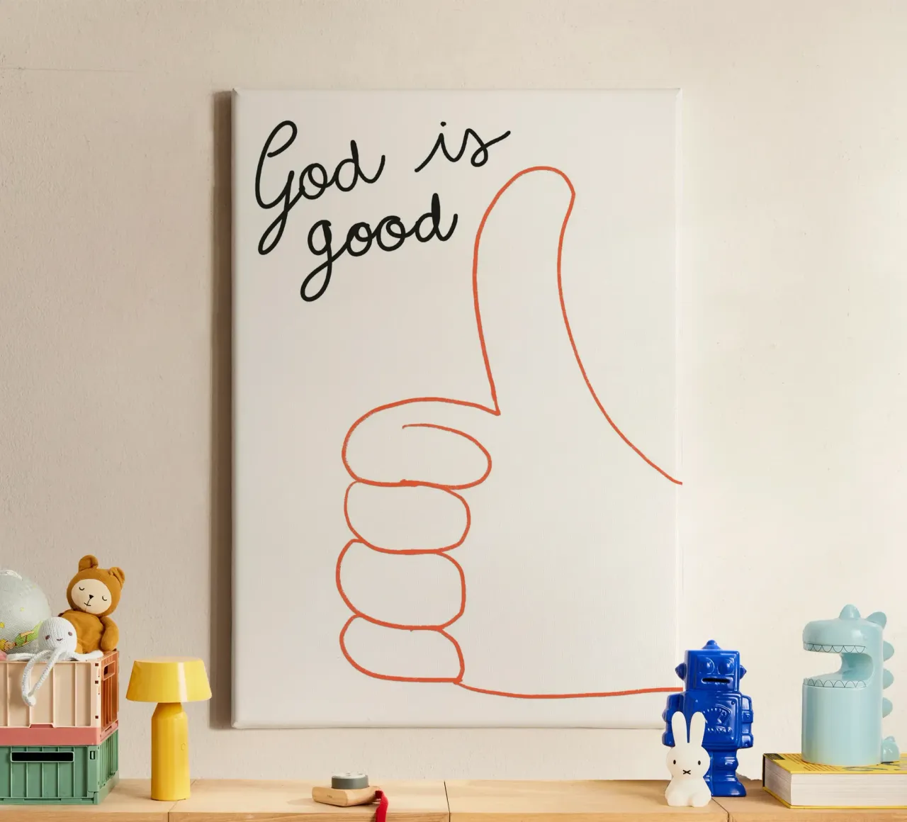 God is goed, duimen omhoog Christelijke kunstdruk canvas met Baklijst van vintagepod