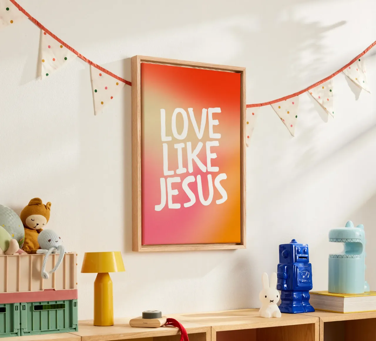 Love Like Jesus, Gradient Christian Typography Art canvas with Floater frame by vintagepod