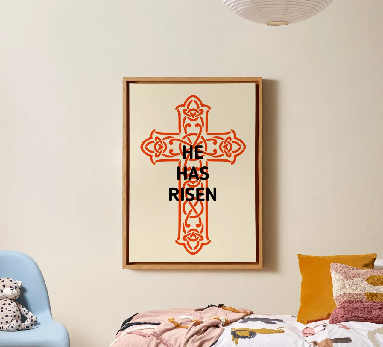 Hij is opgestaan, Keltisch kruis Christelijke kunstdruk canvas met Baklijst van vintagepod