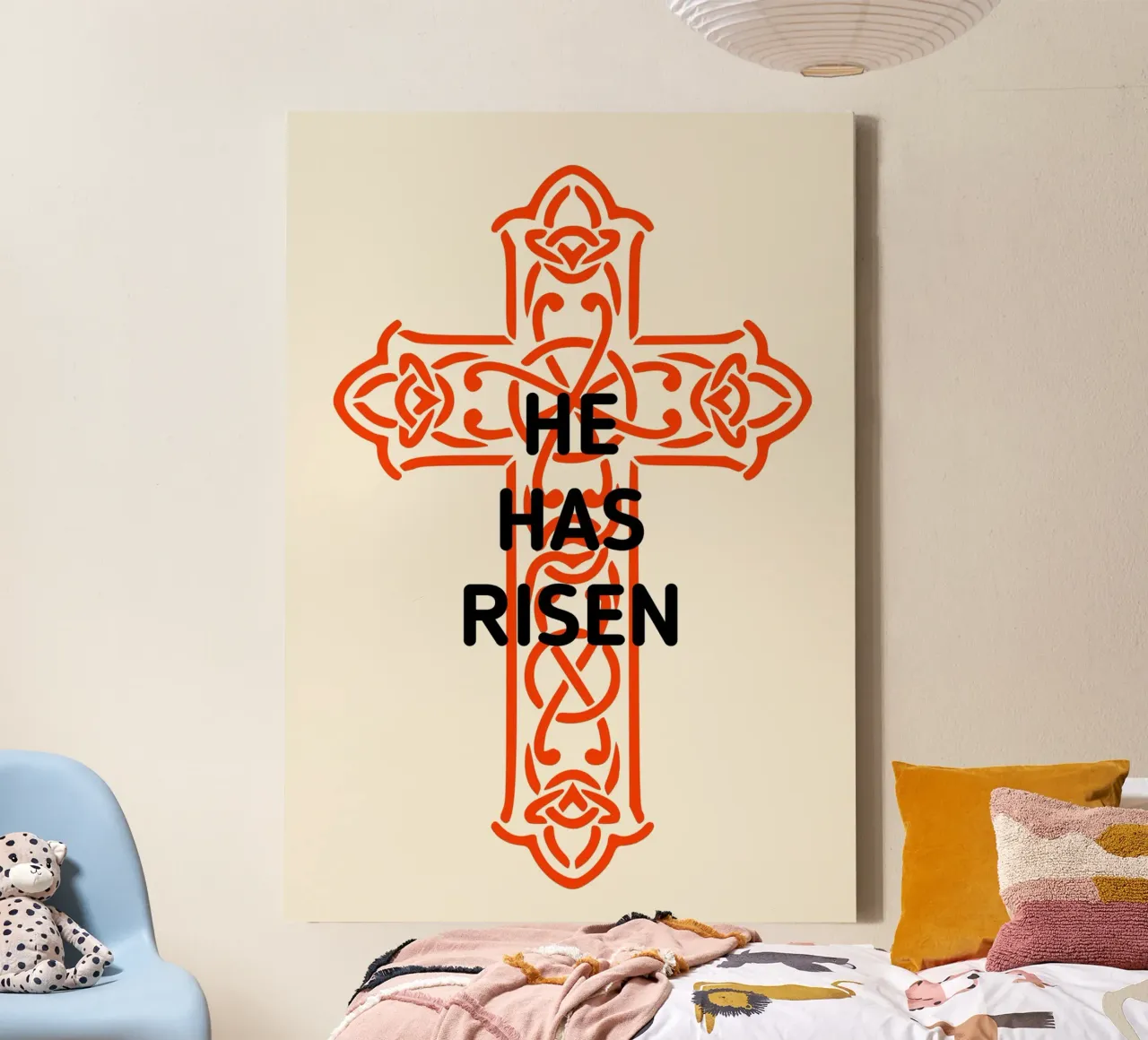 Hij is opgestaan, Keltisch kruis Christelijke kunstdruk canvas met Baklijst van vintagepod