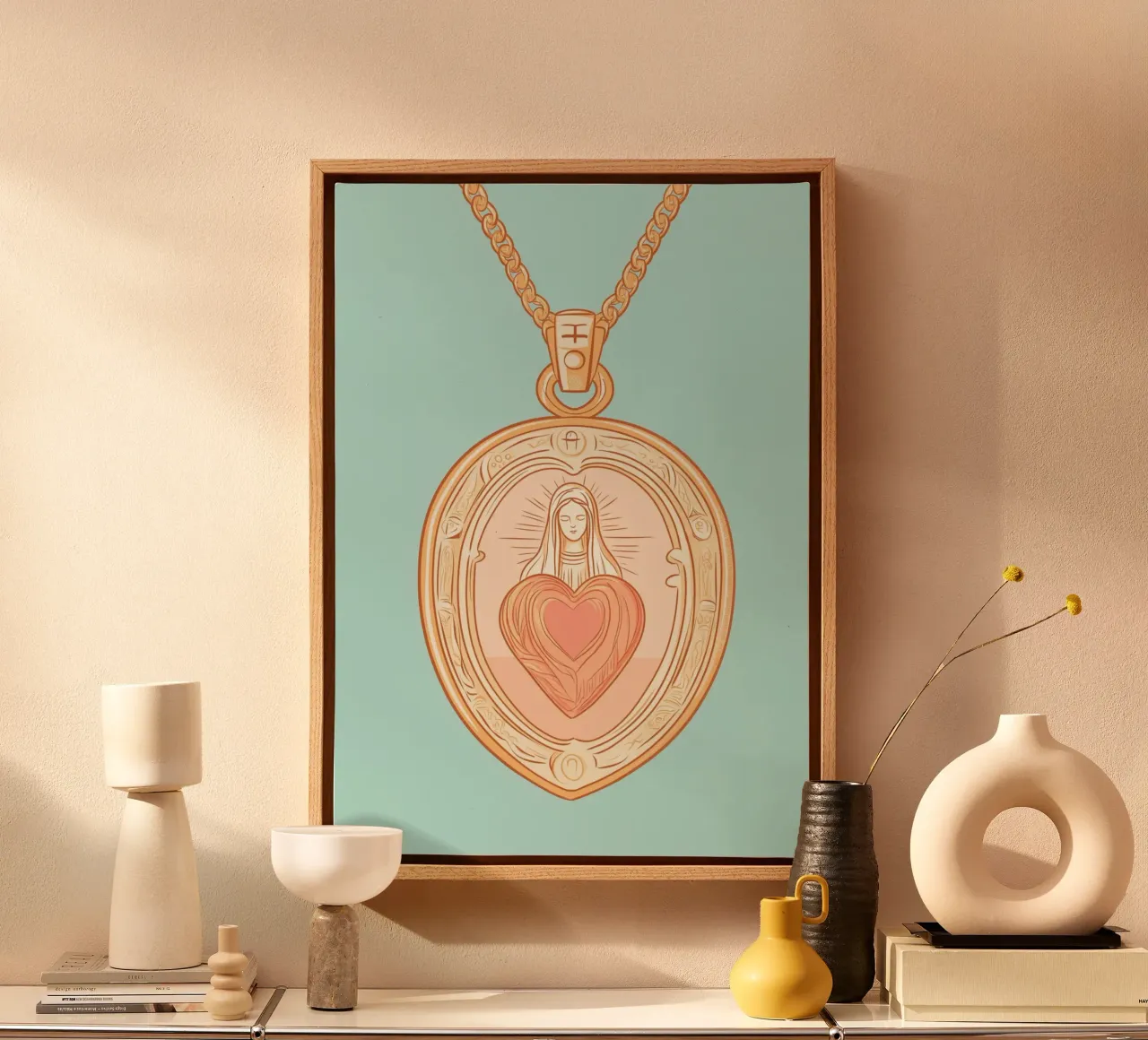 Unbeflecktes Herz Mariens Medaillon, Kunstdruck Leinwand mit Schattenfugenrahmen von vintagepod