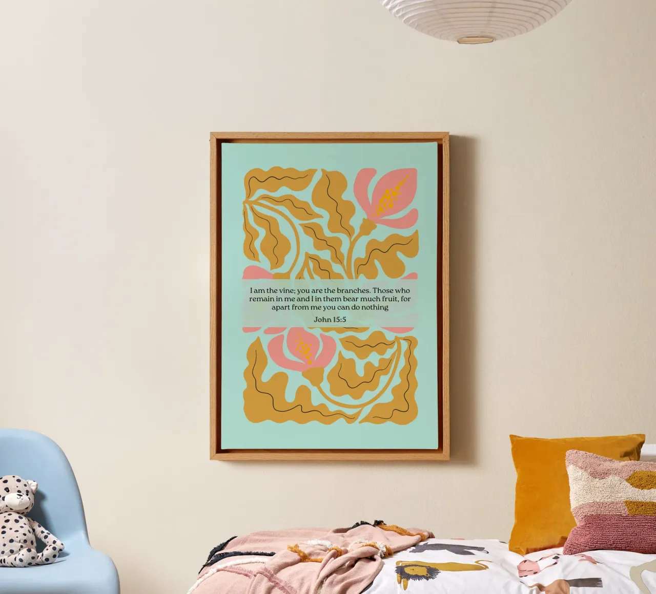 Johannes 15:5, Ik ben de Wijnstok, Abstract Bloemsierkunst canvas met Baklijst van vintagepod