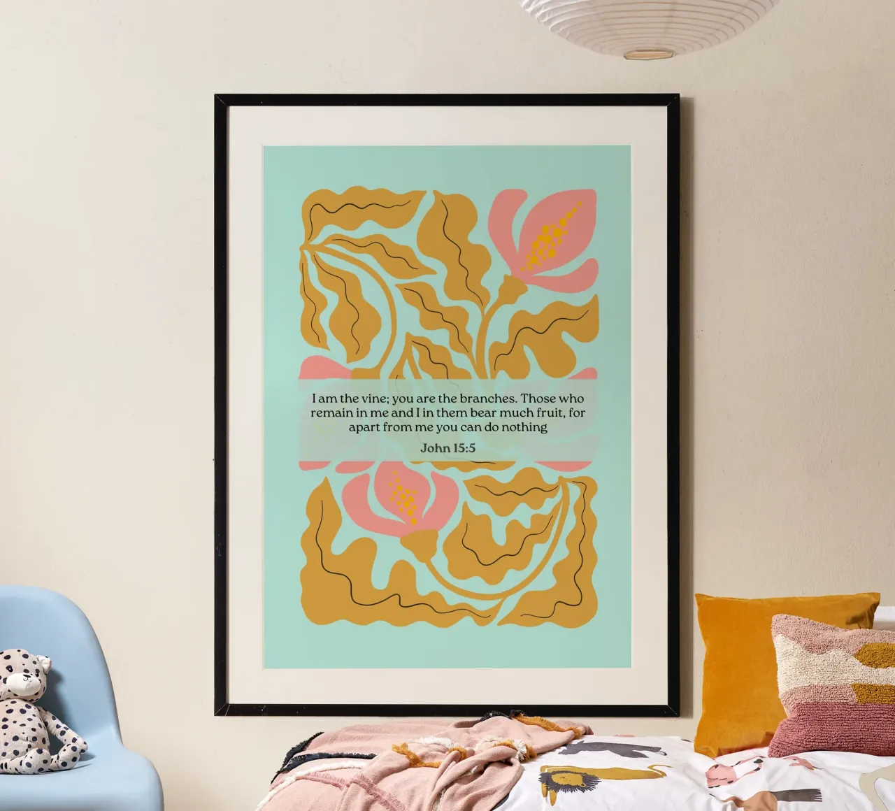 Johannes 15:5, Ich bin der Weinstock, Abstrakte Blumenkunst Poster mit Holzrahmen von vintagepod