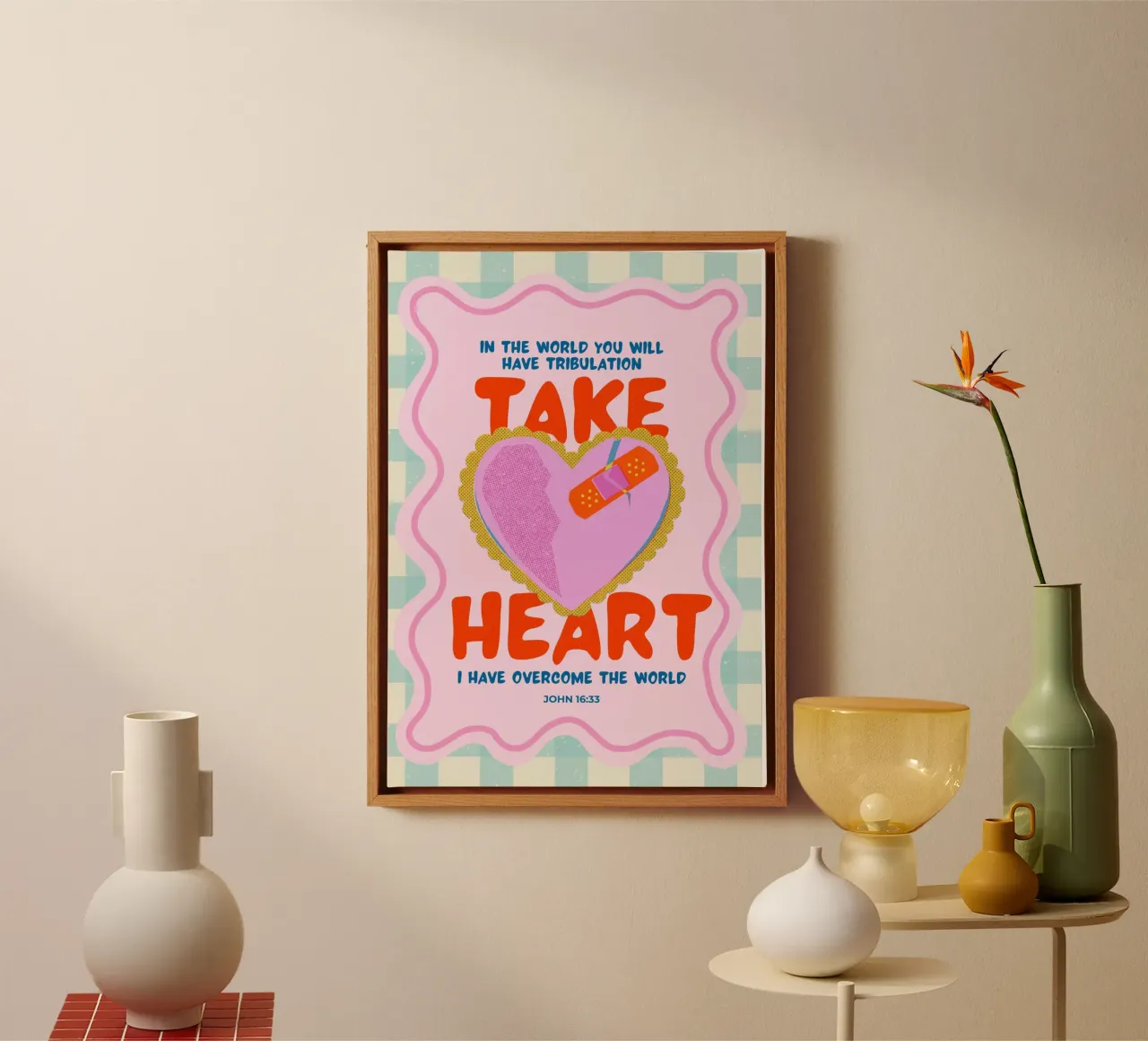 Take Heart, Johannes 16:33, Christelijke Kunstdruk canvas met Baklijst van vintagepod