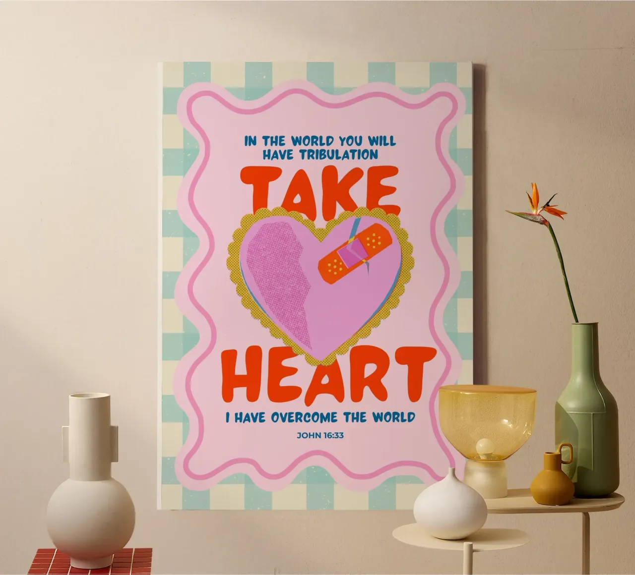 Take Heart, Johannes 16:33, Christelijke Kunstdruk canvas met Baklijst van vintagepod