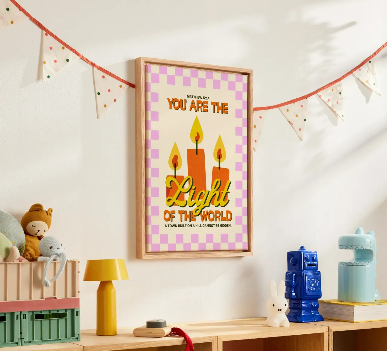Du bist das Licht der Welt, Christliche Kunst Leinwand mit Schattenfugenrahmen von vintagepod