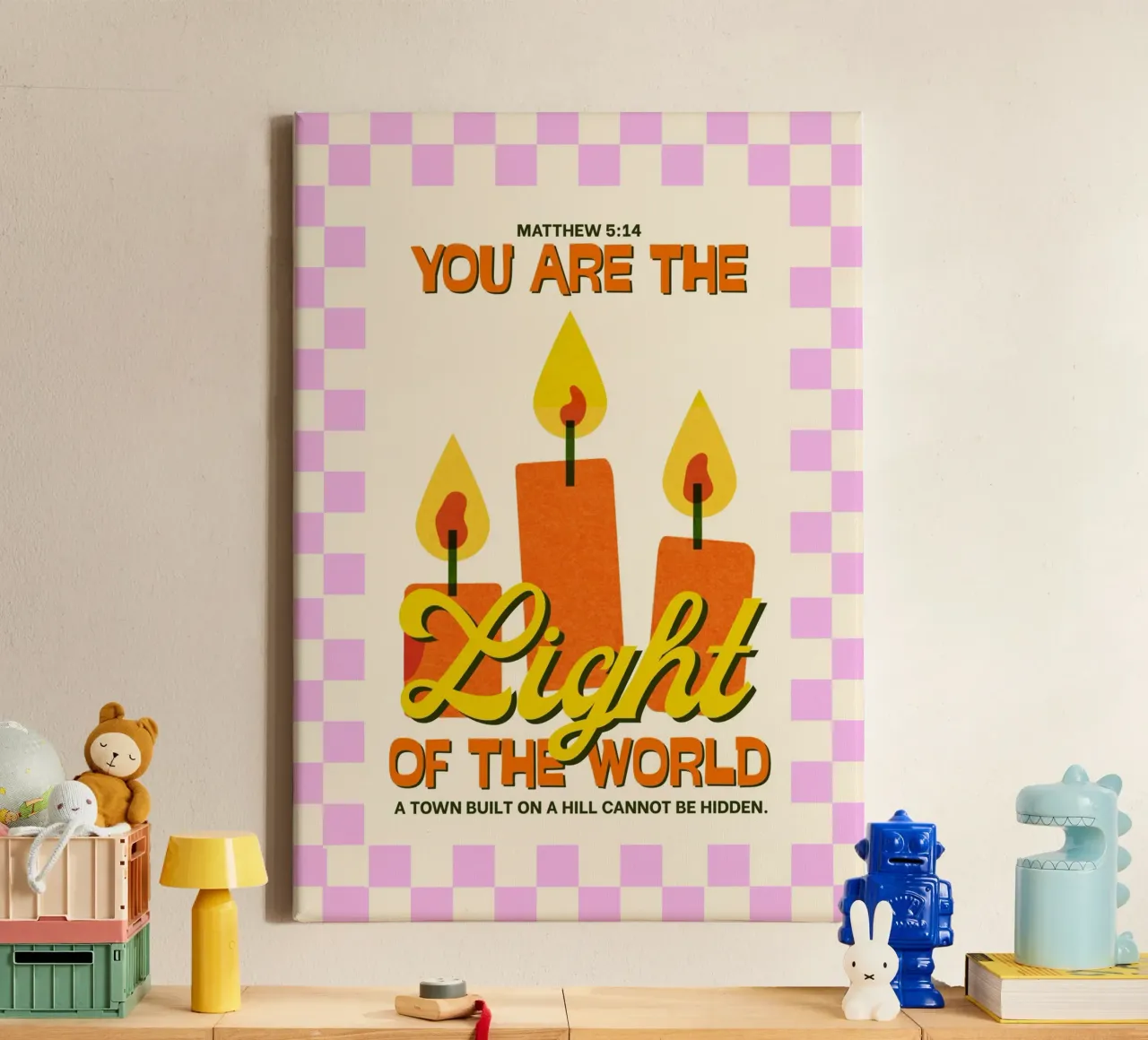 Du bist das Licht der Welt, Christliche Kunst Leinwand mit Schattenfugenrahmen von vintagepod