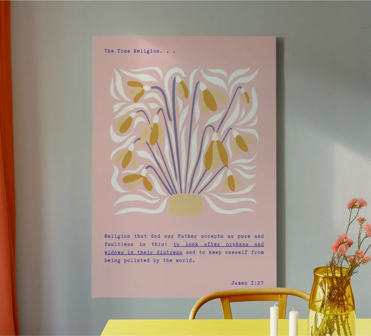 The True Religion, James 1:27, Folk Art Print canvas with Floater frame by vintagepod