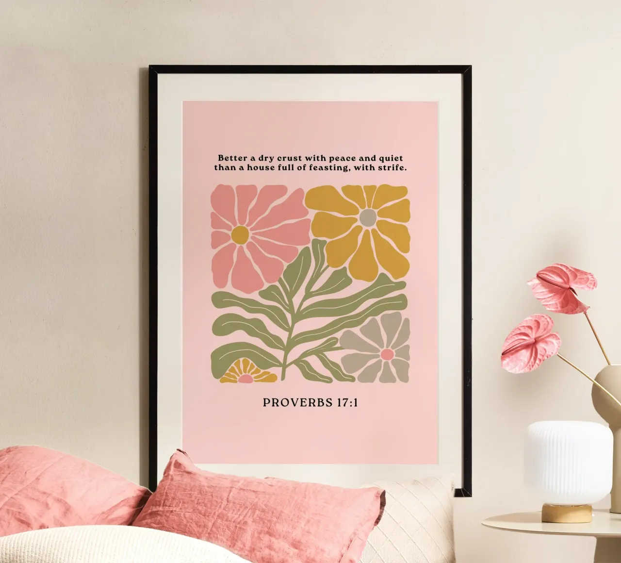 Spreuken 17:1, Rust & Vrede, Bloemrijke Kunstdruk poster van vintagepod