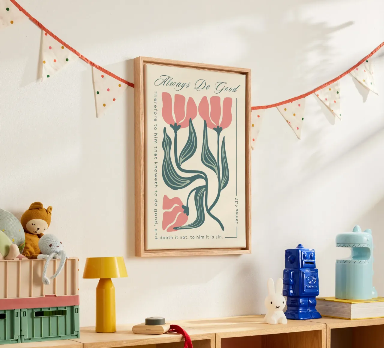 Doe altijd goed, Jakobus 4:17 Florale Kunstdruk canvas met Baklijst van vintagepod