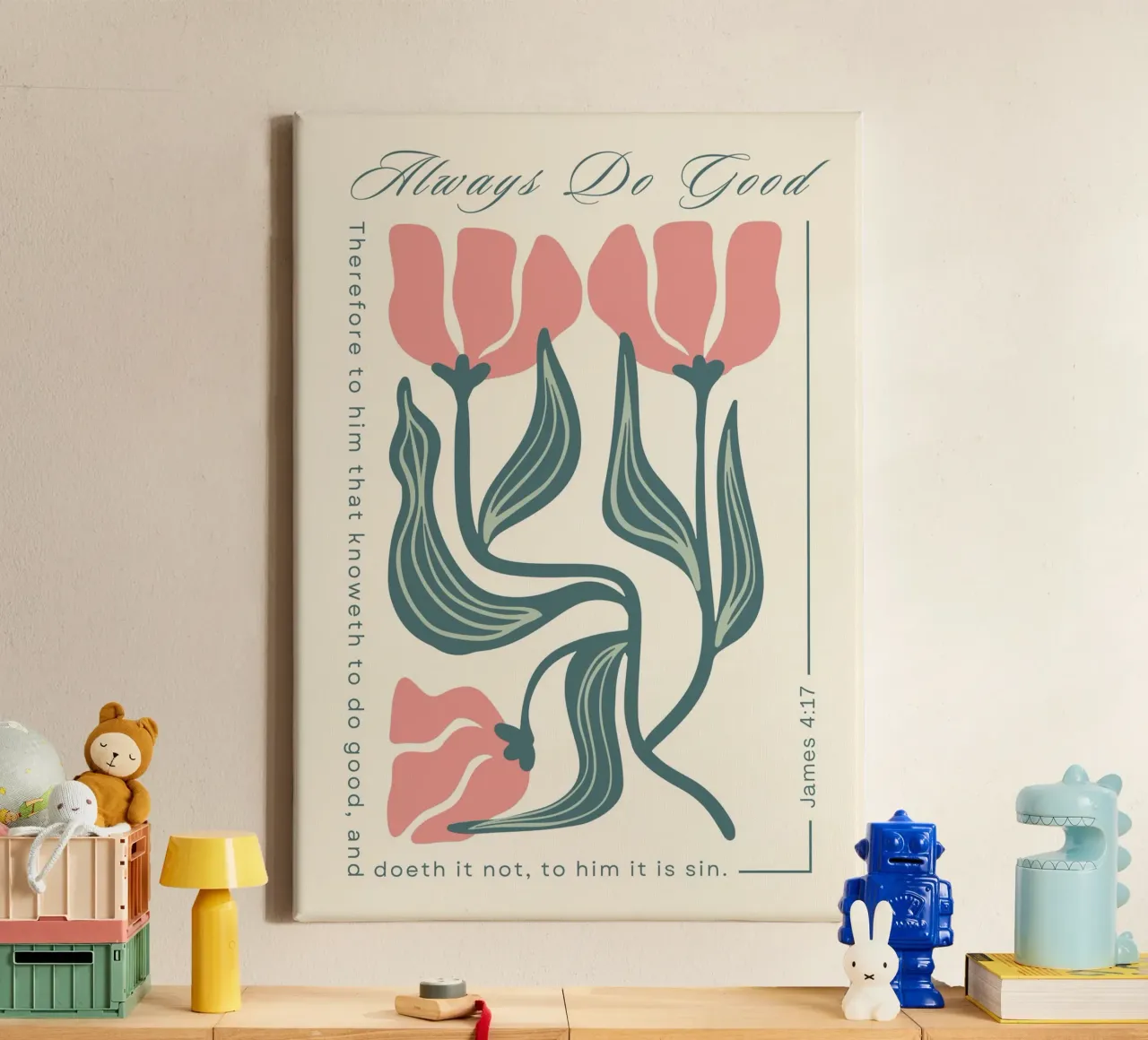Doe altijd goed, Jakobus 4:17 Florale Kunstdruk canvas met Baklijst van vintagepod