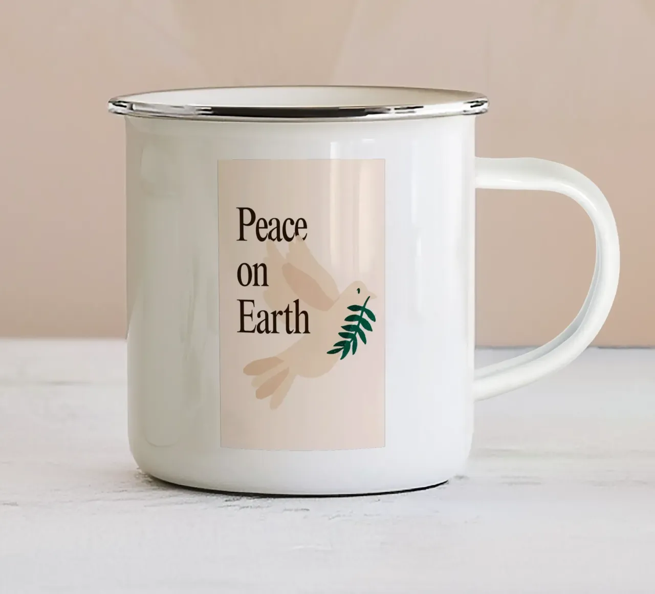 Vrede op Aarde, Minimalistische Duif Kunstdruk emaille mok van vintagepod