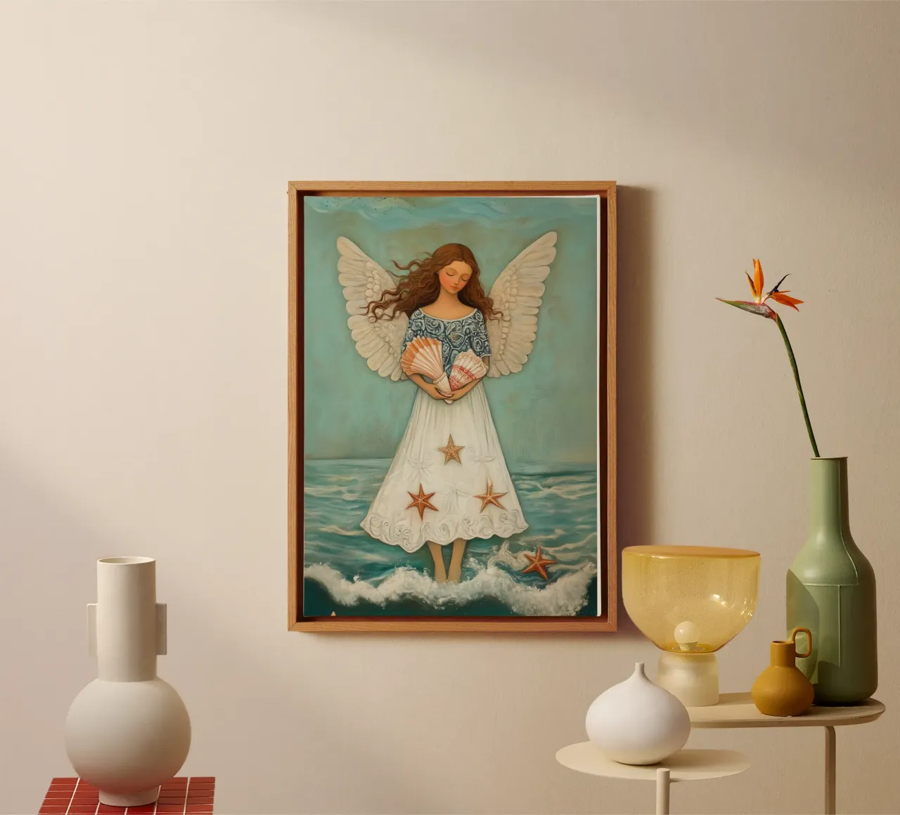 Ocean Angel with Seashells, Coastal Christian Art canvas with Floater frame by vintagepod