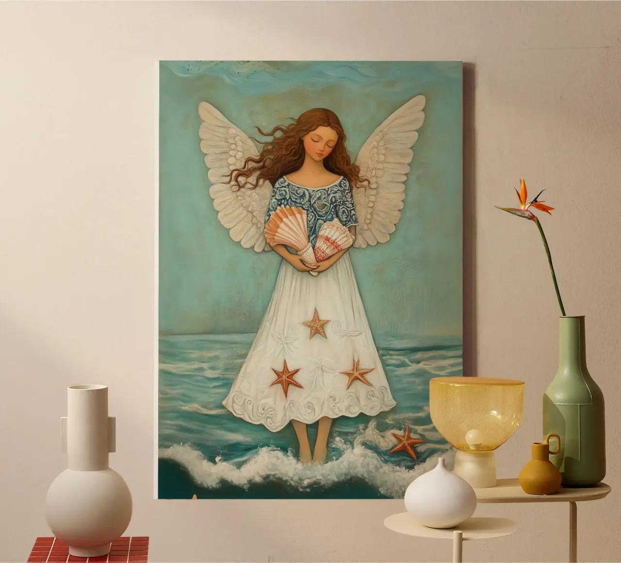 Ocean Angel with Seashells, Coastal Christian Art canvas with Floater frame by vintagepod