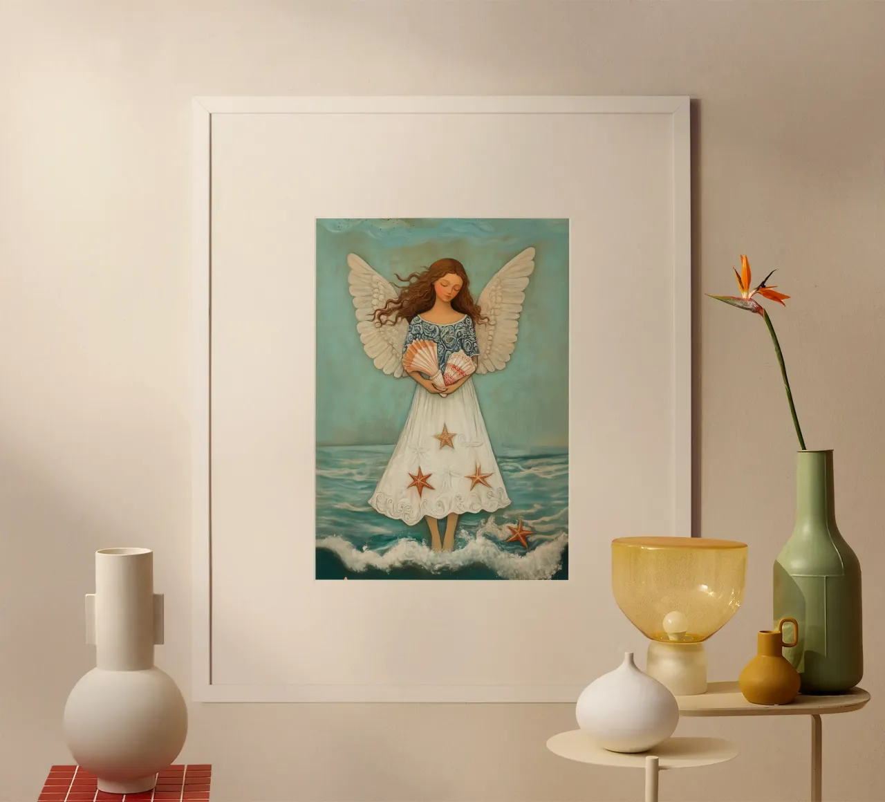 Angelo dell'oceano con conchiglie, arte cristiana costiera poster da vintagepod