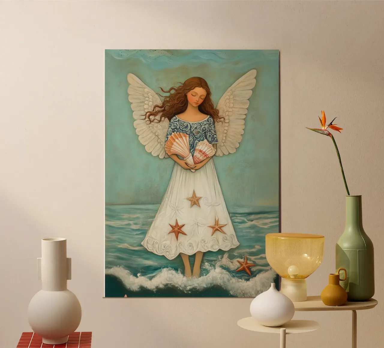 Angelo dell'oceano con conchiglie, arte cristiana costiera poster da vintagepod