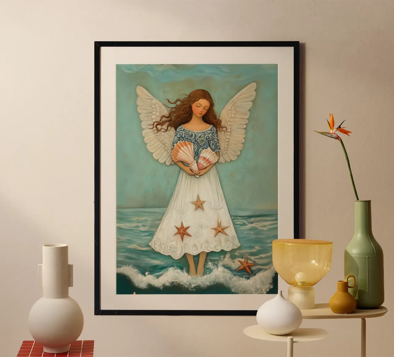 Angelo dell'oceano con conchiglie, arte cristiana costiera poster da vintagepod