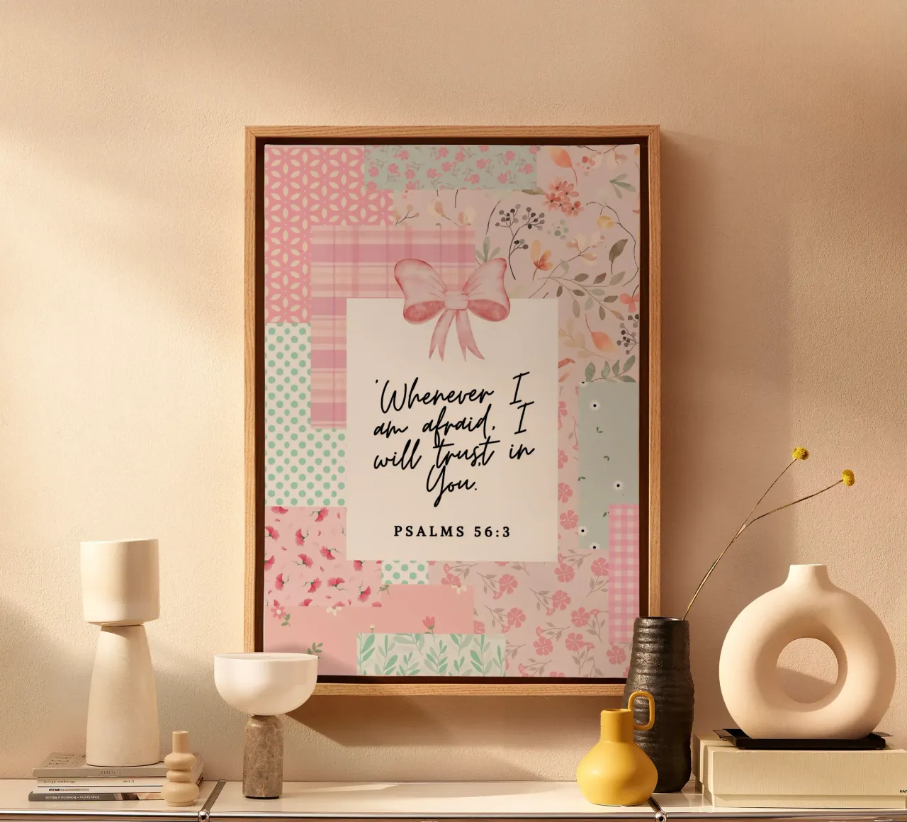 Ik zal op U vertrouwen, Psalm 56:3, Collageposter canvas met Baklijst van vintagepod