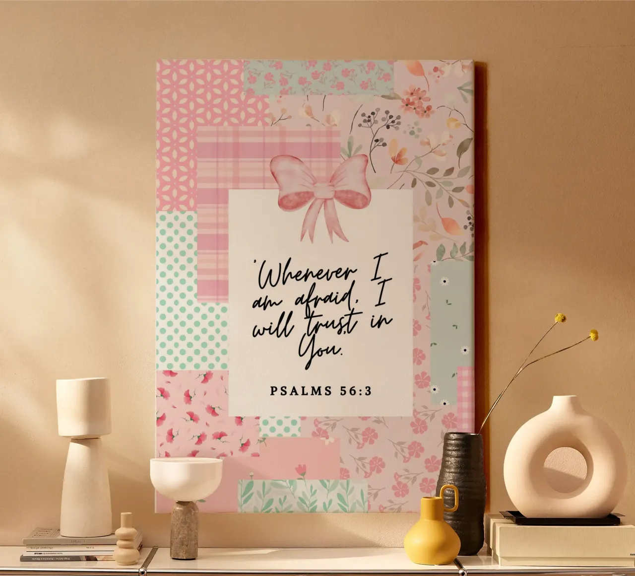 Ik zal op U vertrouwen, Psalm 56:3, Collageposter canvas met Baklijst van vintagepod