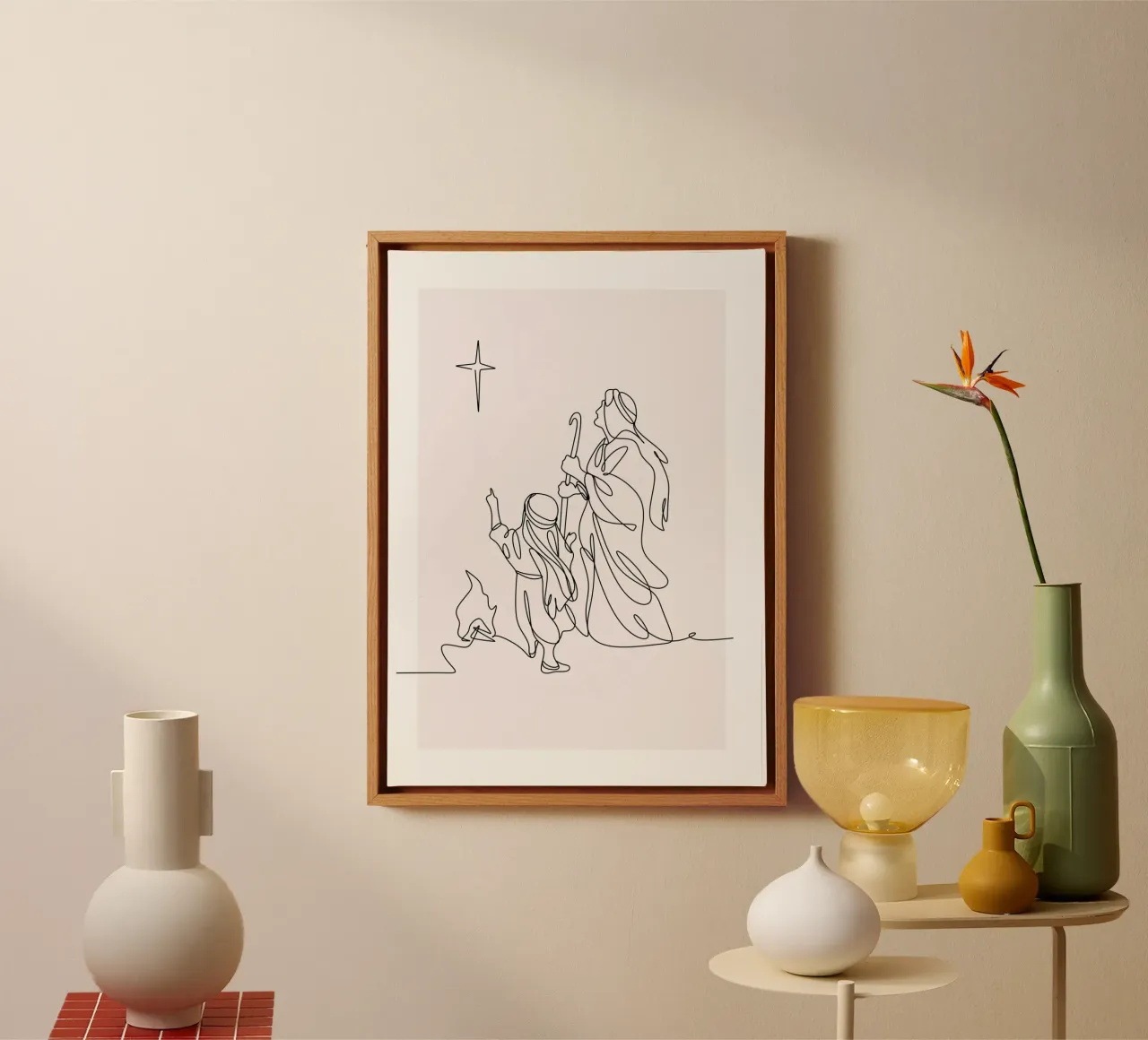 Shepherds & Star, Minimalist Christmas Line Art canvas with Floater frame by vintagepod