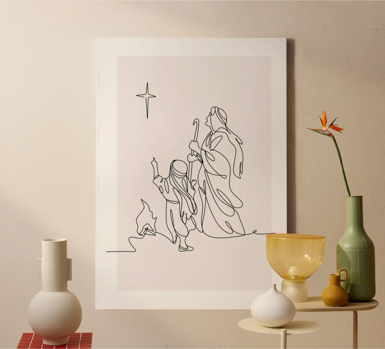 Shepherds & Star, Minimalist Christmas Line Art canvas with Floater frame by vintagepod