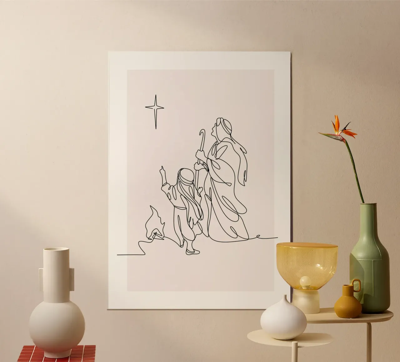 Pastori e stelle, line art natalizie minimaliste poster con telaio in plastica da vintagepod
