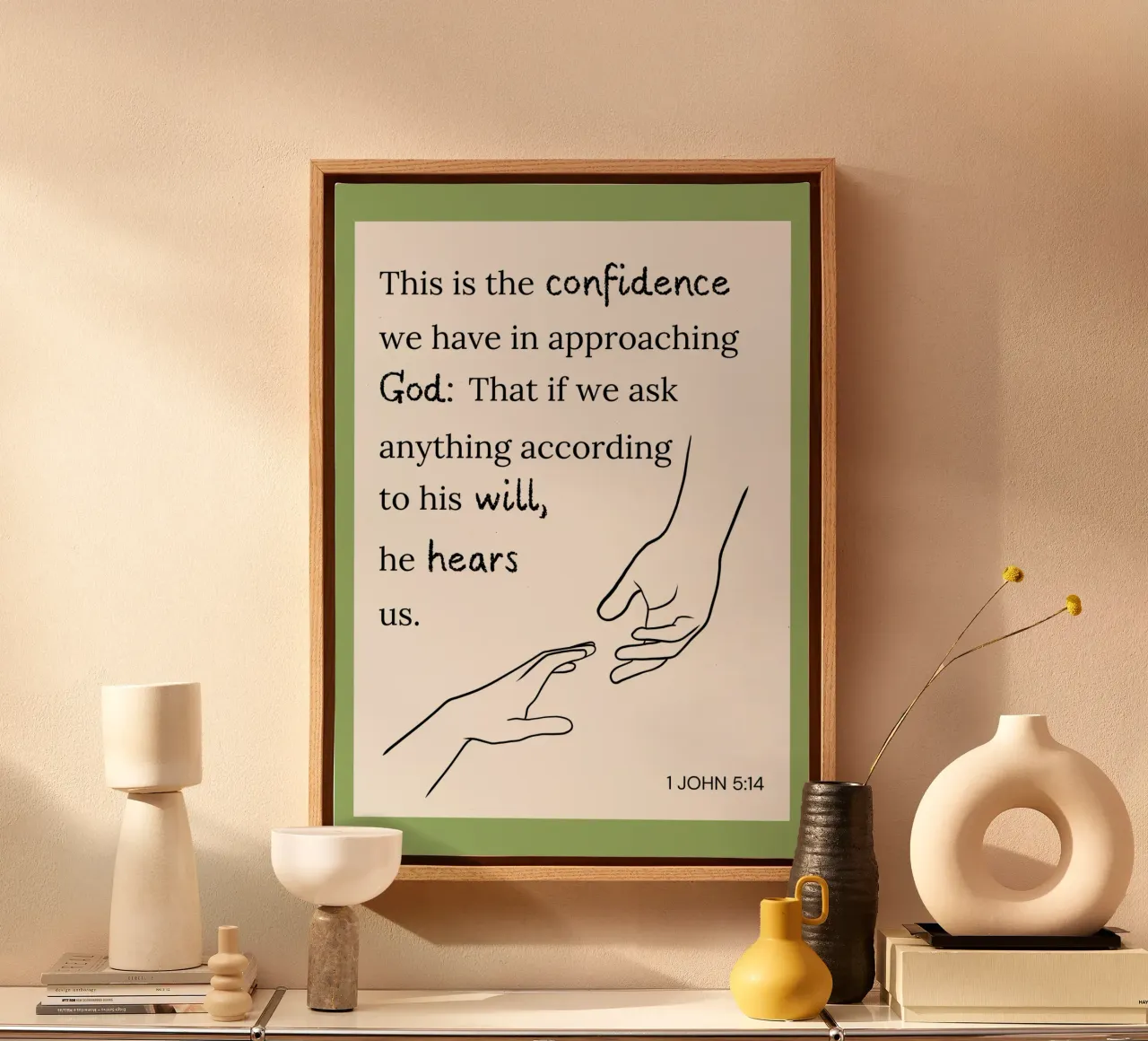 1 Juan 5:14, Dios nos escucha, Hand Line Art lienzo con Marco flotante de vintagepod