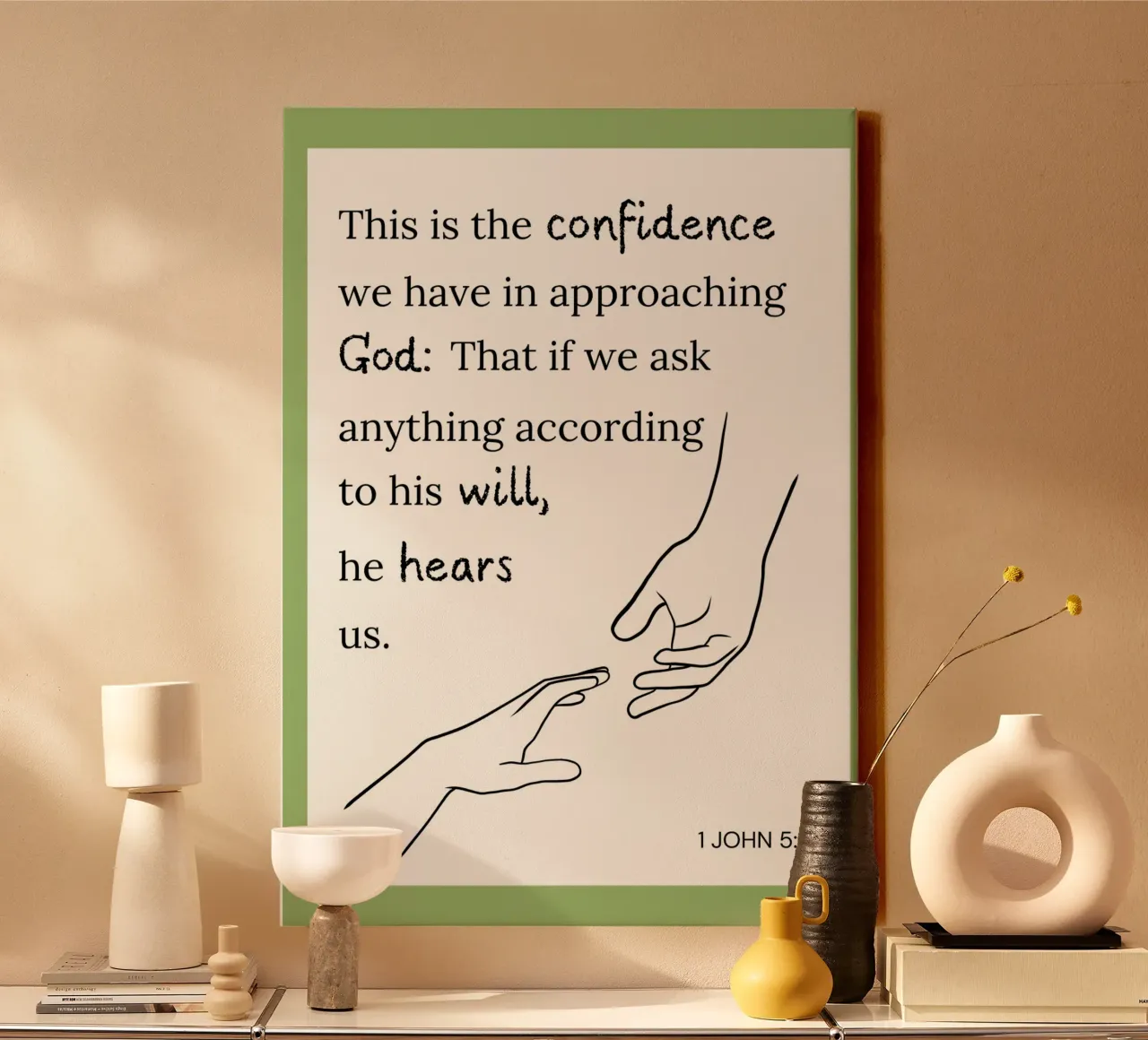 1 Juan 5:14, Dios nos escucha, Hand Line Art lienzo con Marco flotante de vintagepod