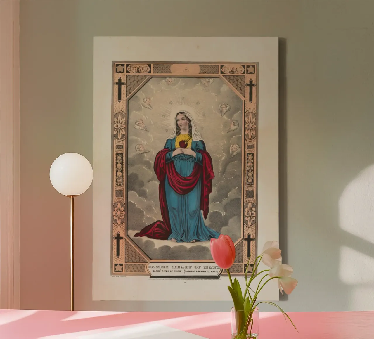 Sacro Cuore di Maria, stampa religiosa d'epoca tela con Cornice a cassetta da vintagepod
