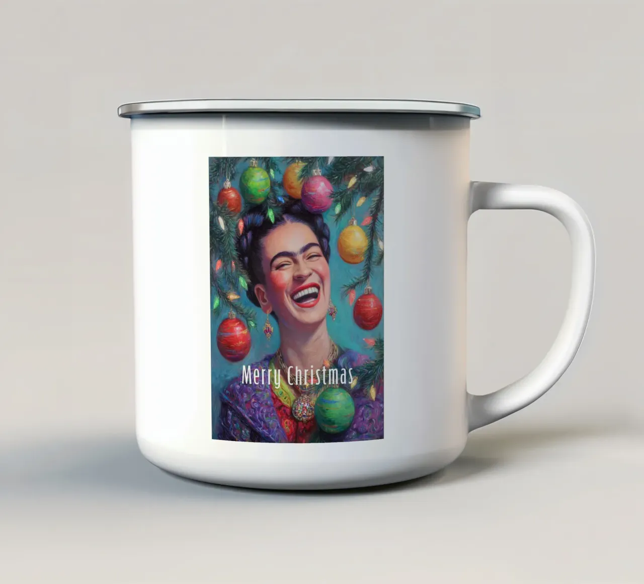 Frida in de kerststemming emaille mok van Carinaprint