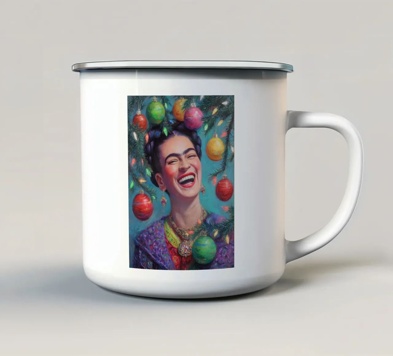 Frida Kahlo in de kerststemming emaille mok van Carinaprint