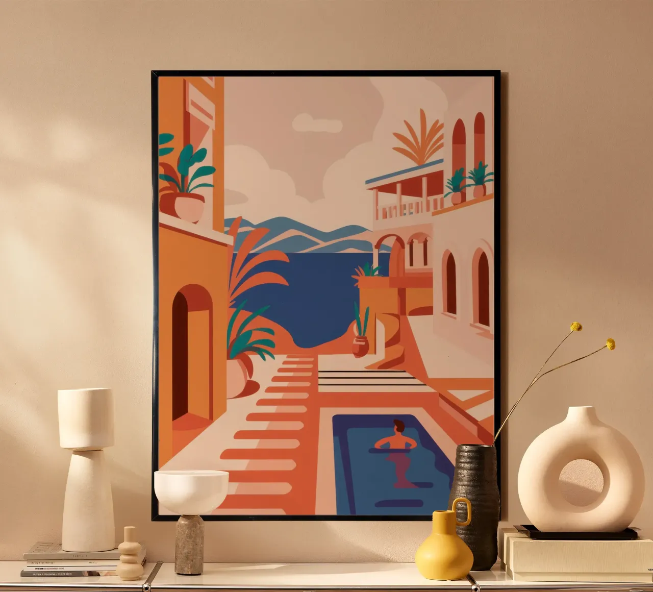 Oasi di piscina in terracotta poster con telaio in legno da Heaven Craft