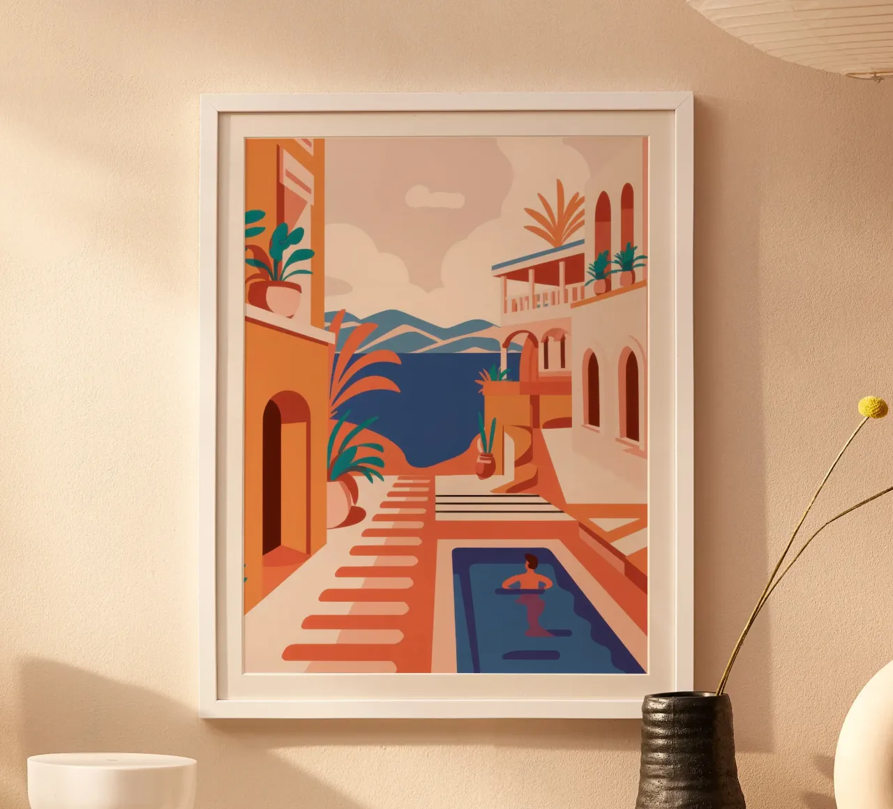 Oasi di piscina in terracotta poster con telaio in legno da Heaven Craft