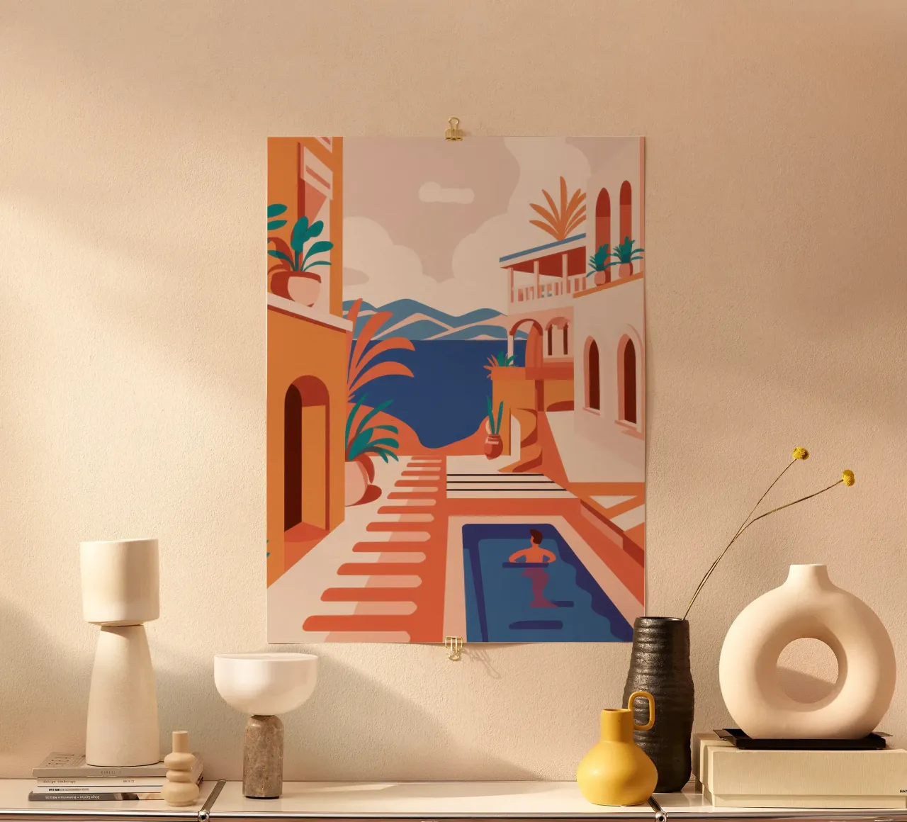 Oasi di piscina in terracotta poster con telaio in legno da Heaven Craft