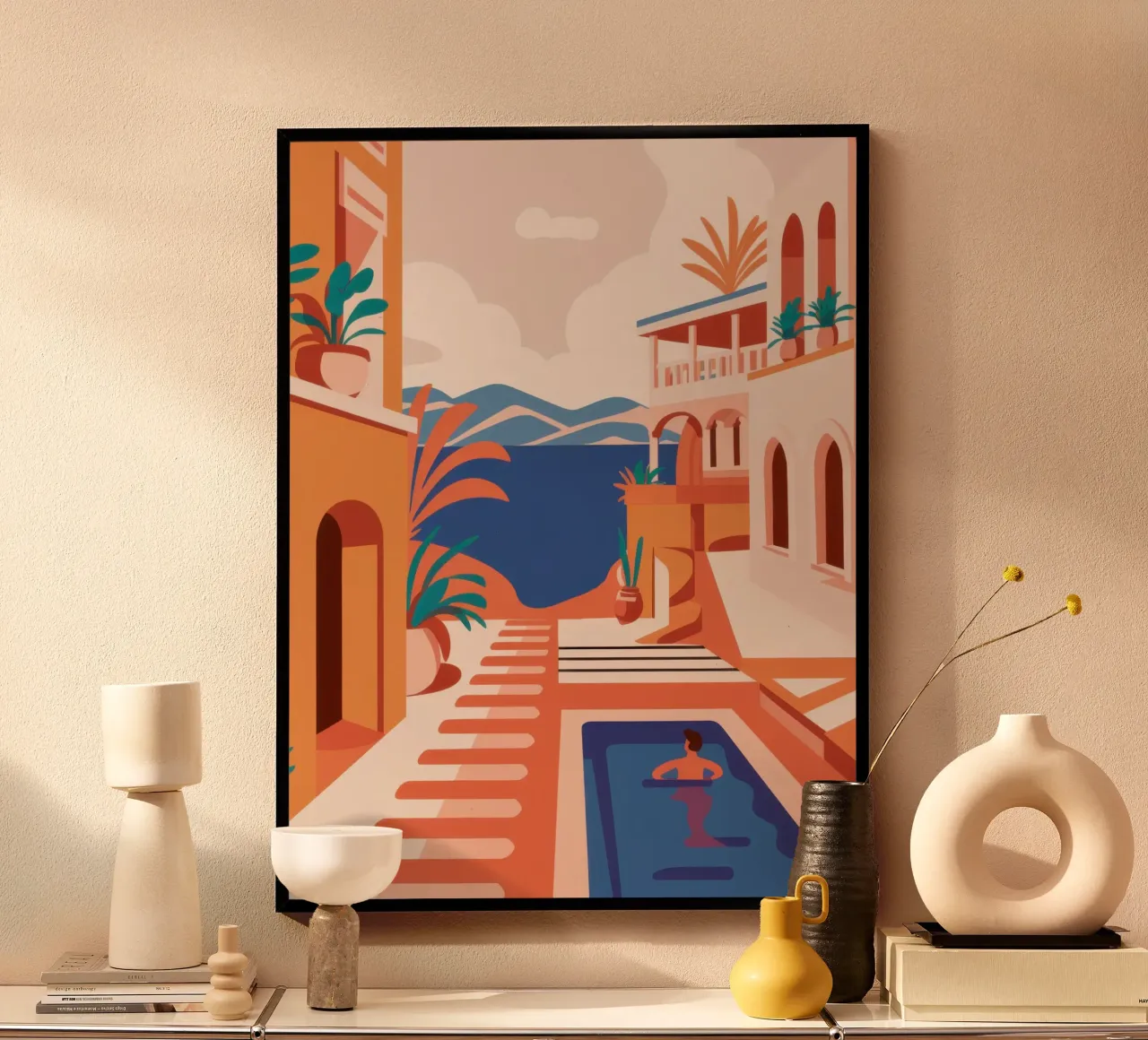 Oasi di piscina in terracotta poster con telaio in legno da Heaven Craft