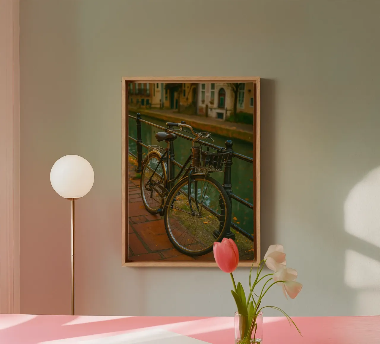 bicycle on the edge of canal view retro photography canvas with Floater frame by viantishop
