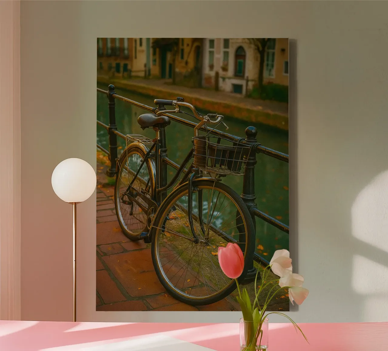 bicycle on the edge of canal view retro photography canvas with Floater frame by viantishop