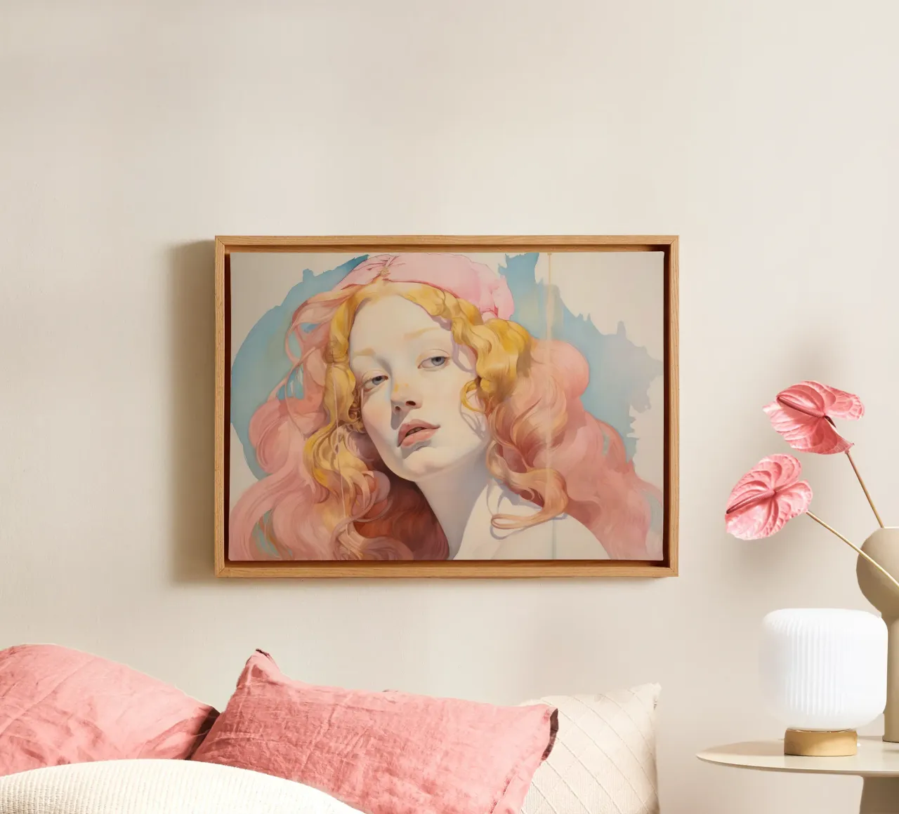 Abstracte vrouwen poster, romantische print, moderne pastelkunst canvas met Baklijst van ArtHaus