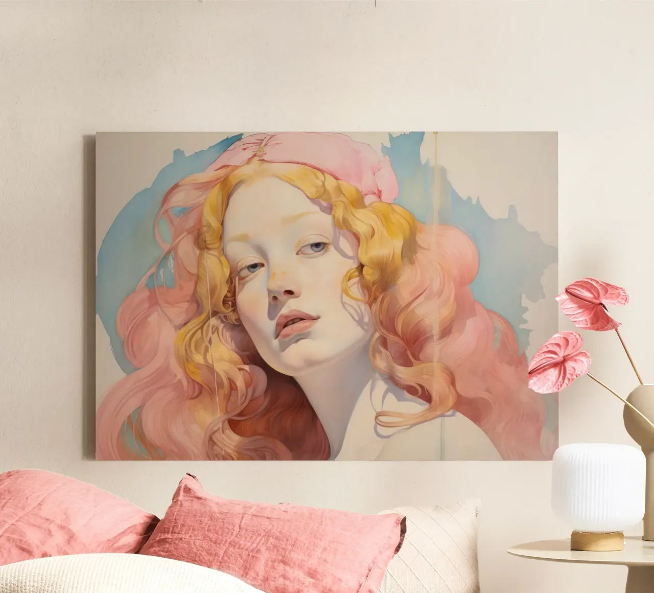 Abstracte vrouwen poster, romantische print, moderne pastelkunst canvas met Baklijst van ArtHaus
