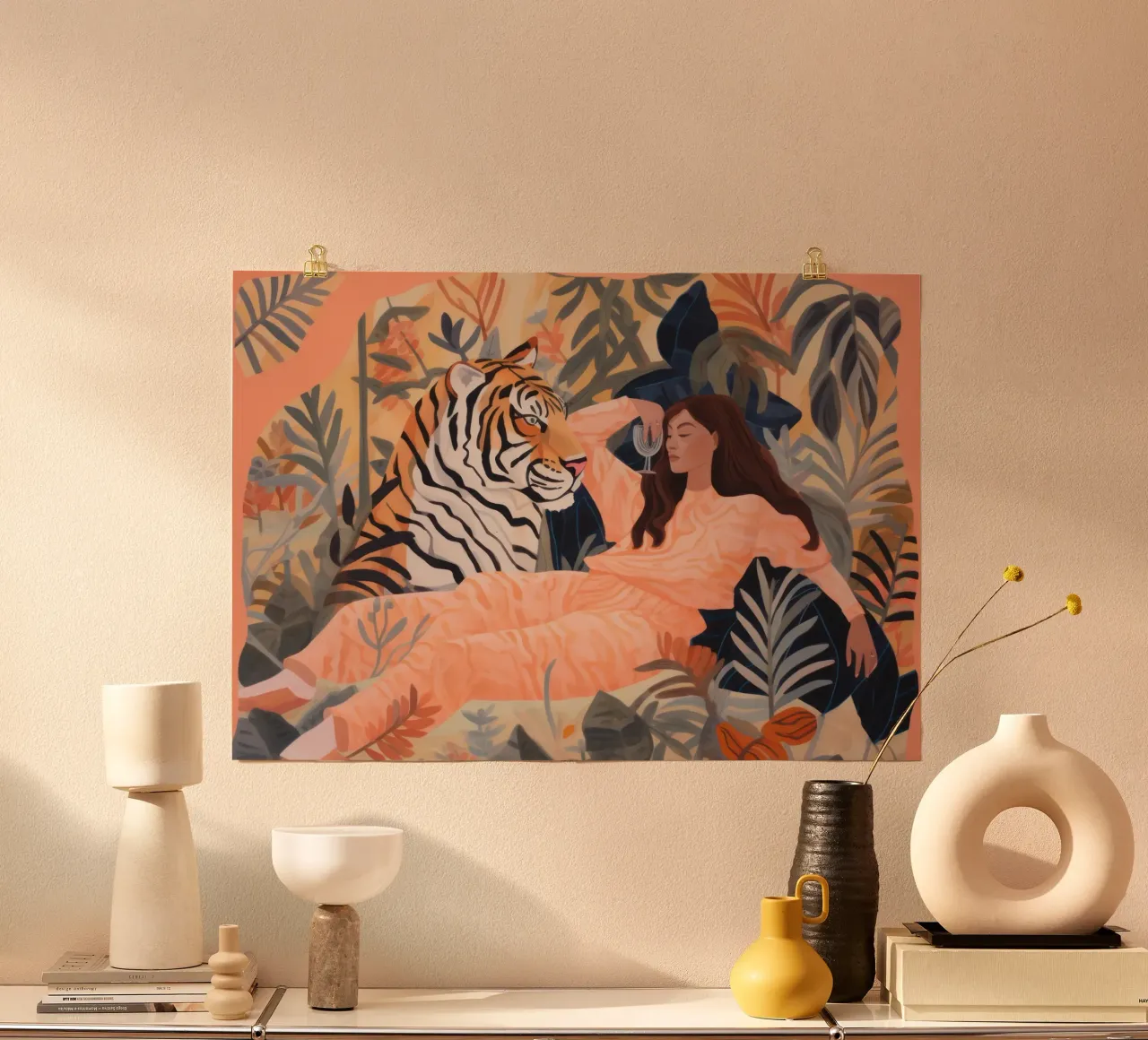 Vrouw met tijgerprint, abstracte dierenprint, kleurrijke kunst poster van ArtHaus