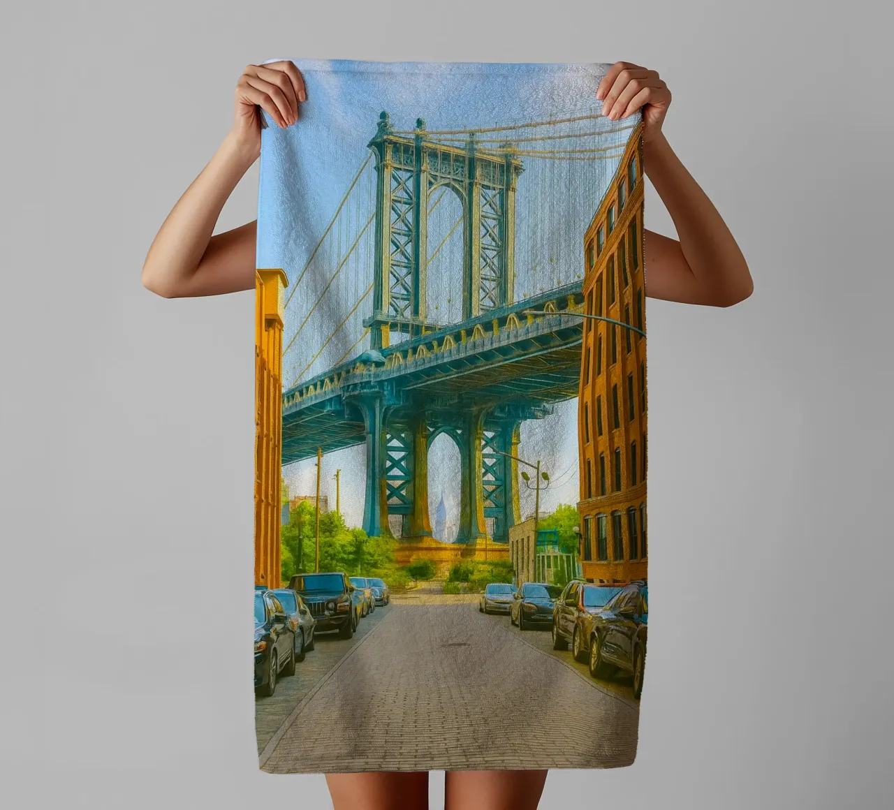 manhattan bridge view retro photography towel by viantishop