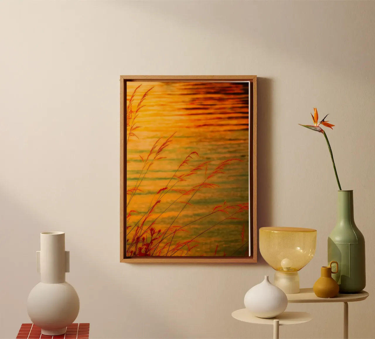lake view when sunset retro photography canvas with Floater frame by viantishop