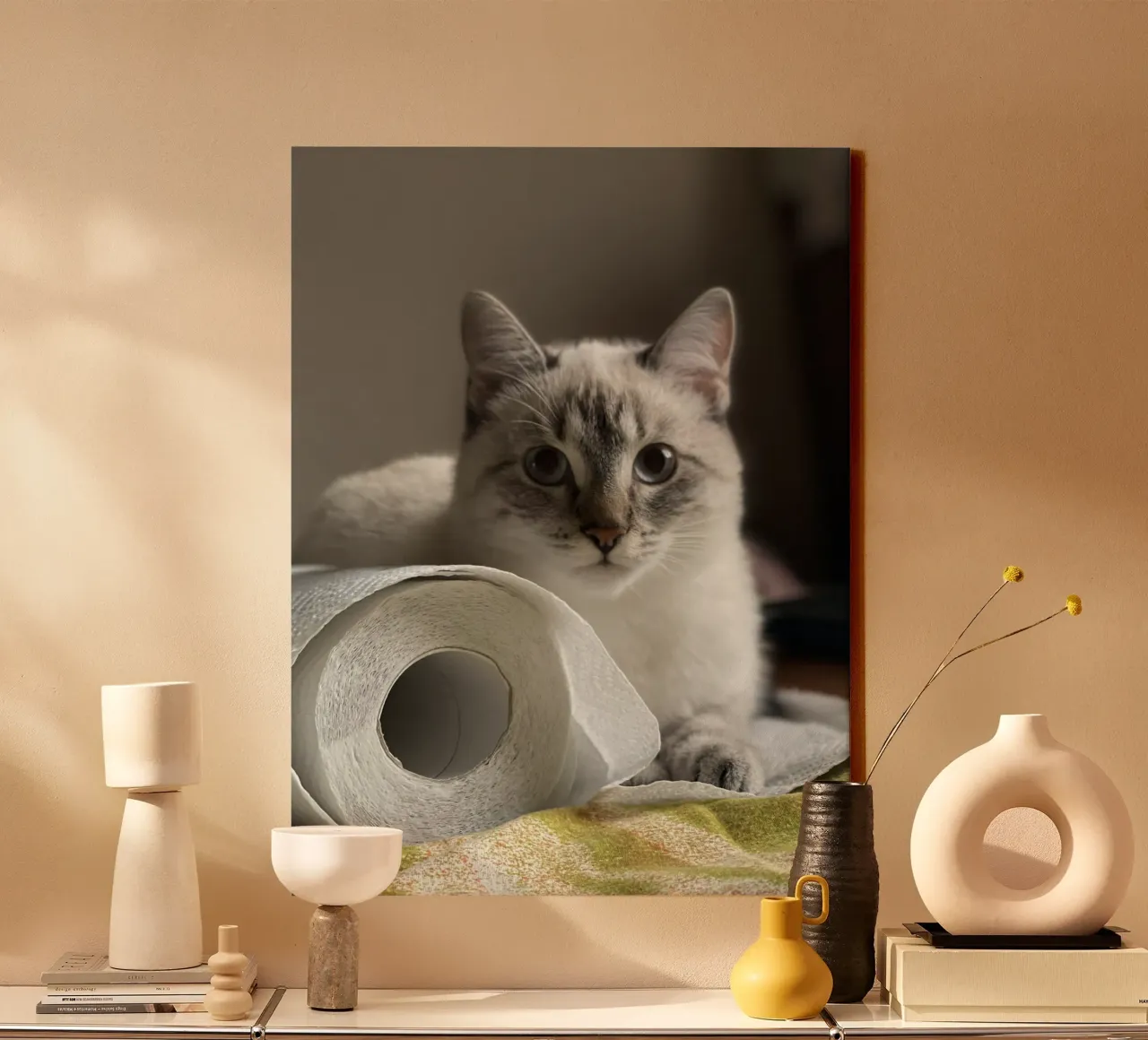 cat and toilet paper canvas met Baklijst van lily