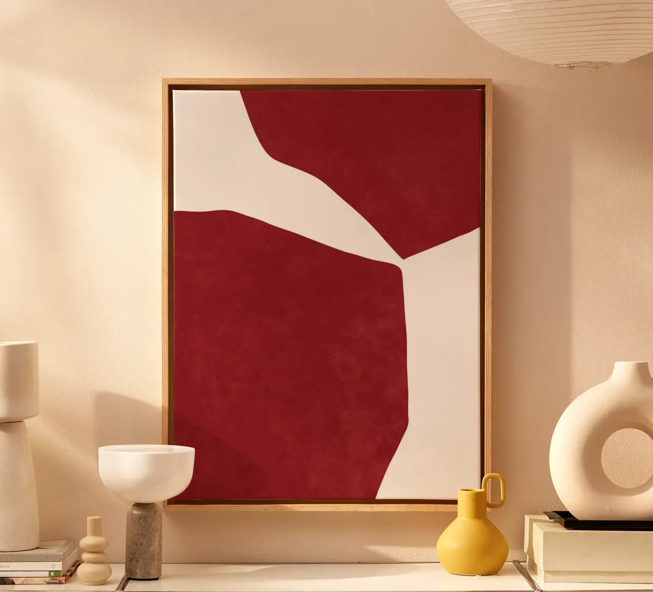 Abstract Rood op wit canvas met Baklijst van Raissa Oltmanns
