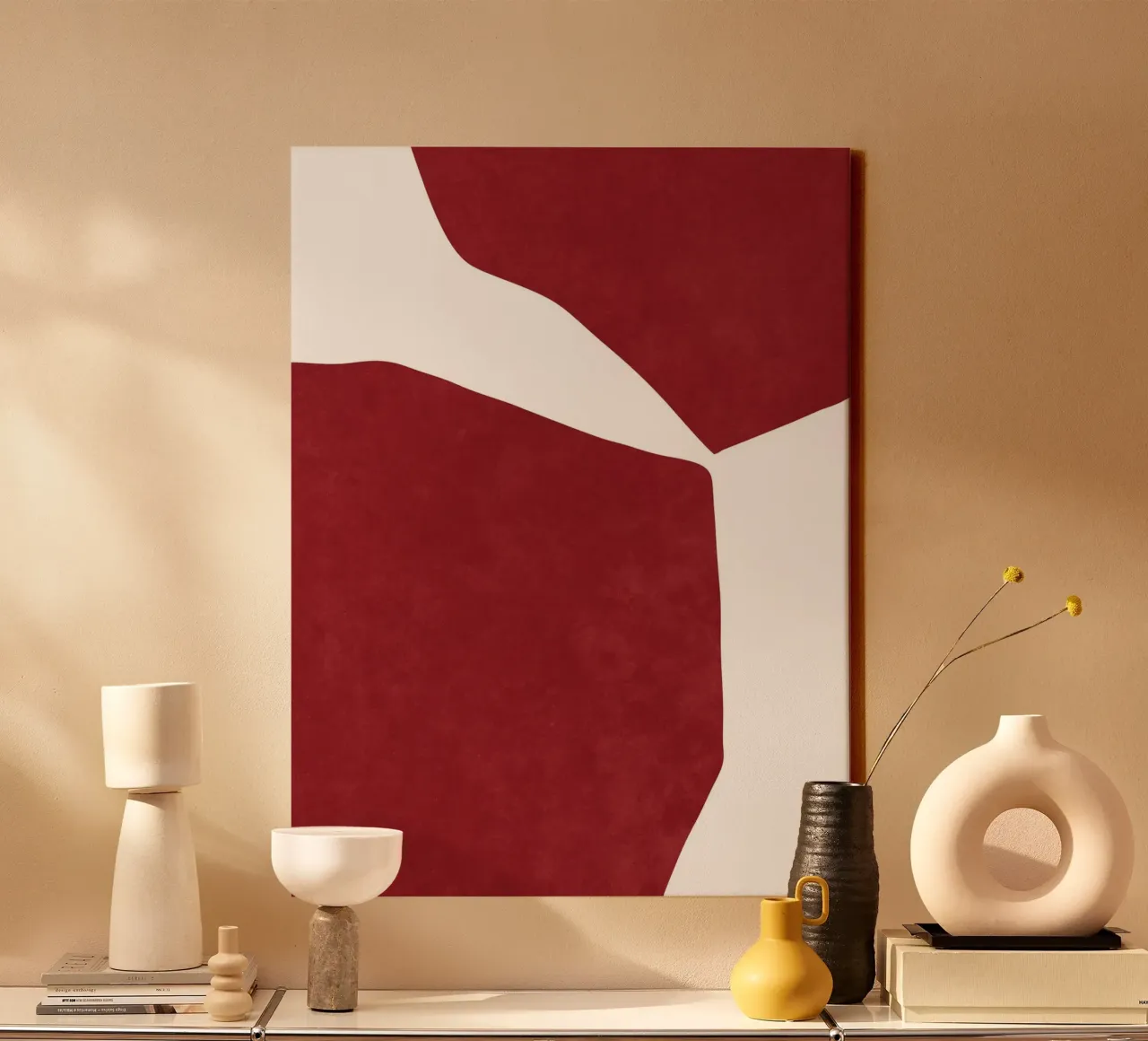 Abstract Rood op wit canvas met Baklijst van Raissa Oltmanns