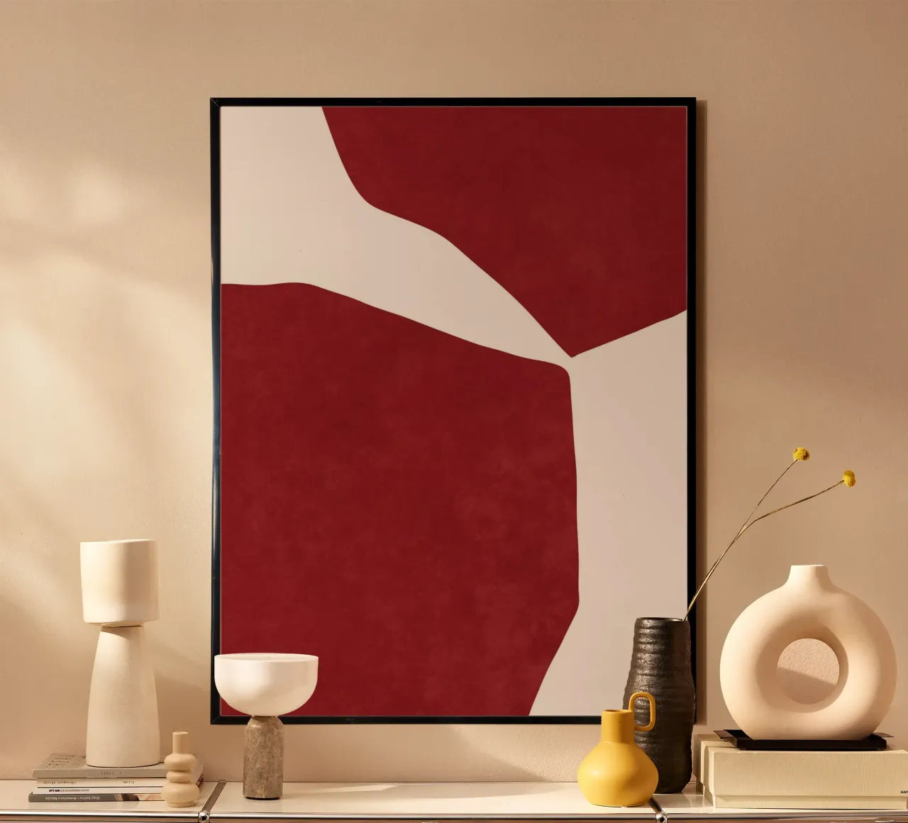 Rosso astratto su bianco poster con telaio in plastica da Raissa Oltmanns