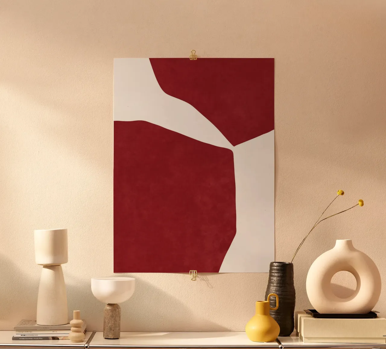 Rosso astratto su bianco poster con telaio in plastica da Raissa Oltmanns