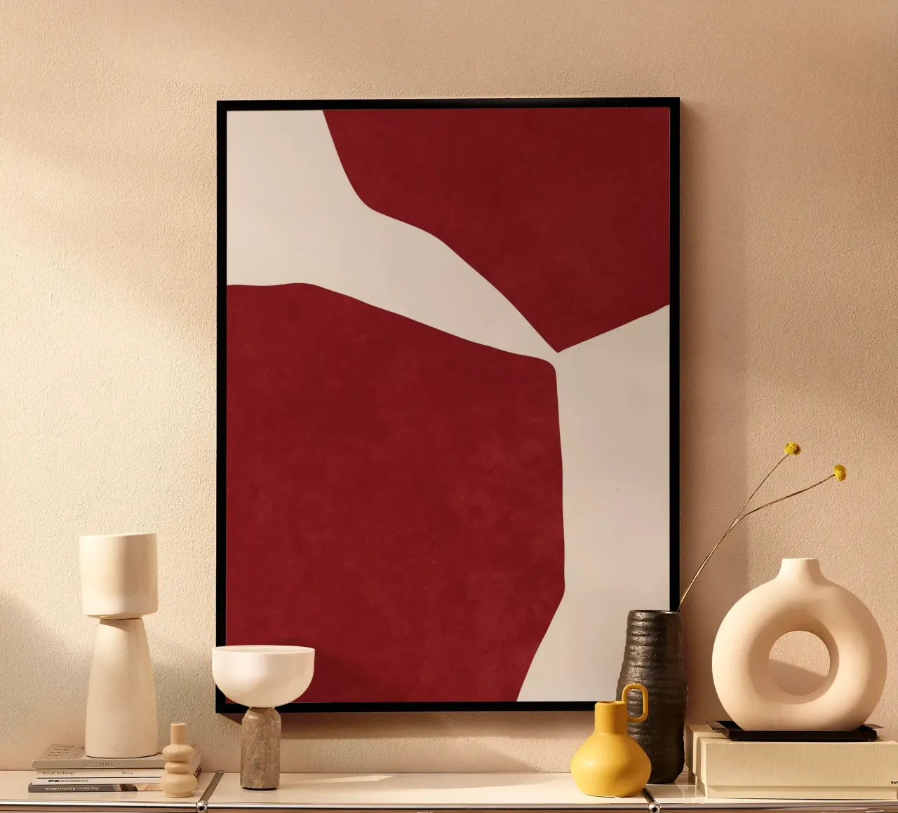 Rosso astratto su bianco poster con telaio in plastica da Raissa Oltmanns