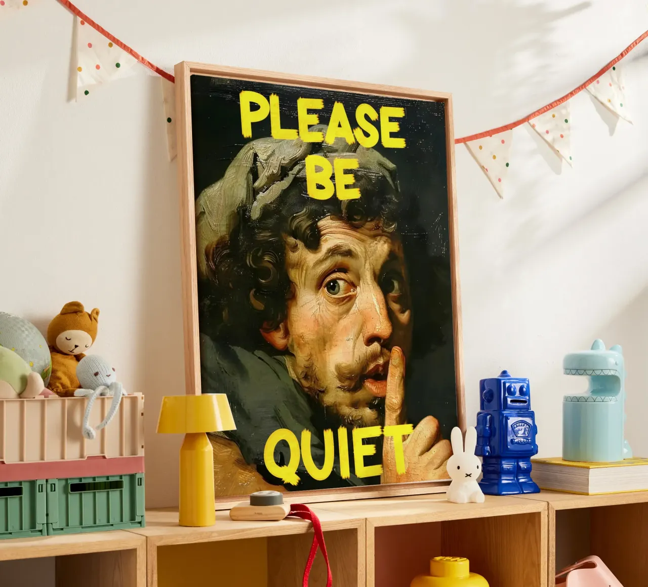 "PLEASE BE QUIET" canvas met Baklijst van Type & Tape