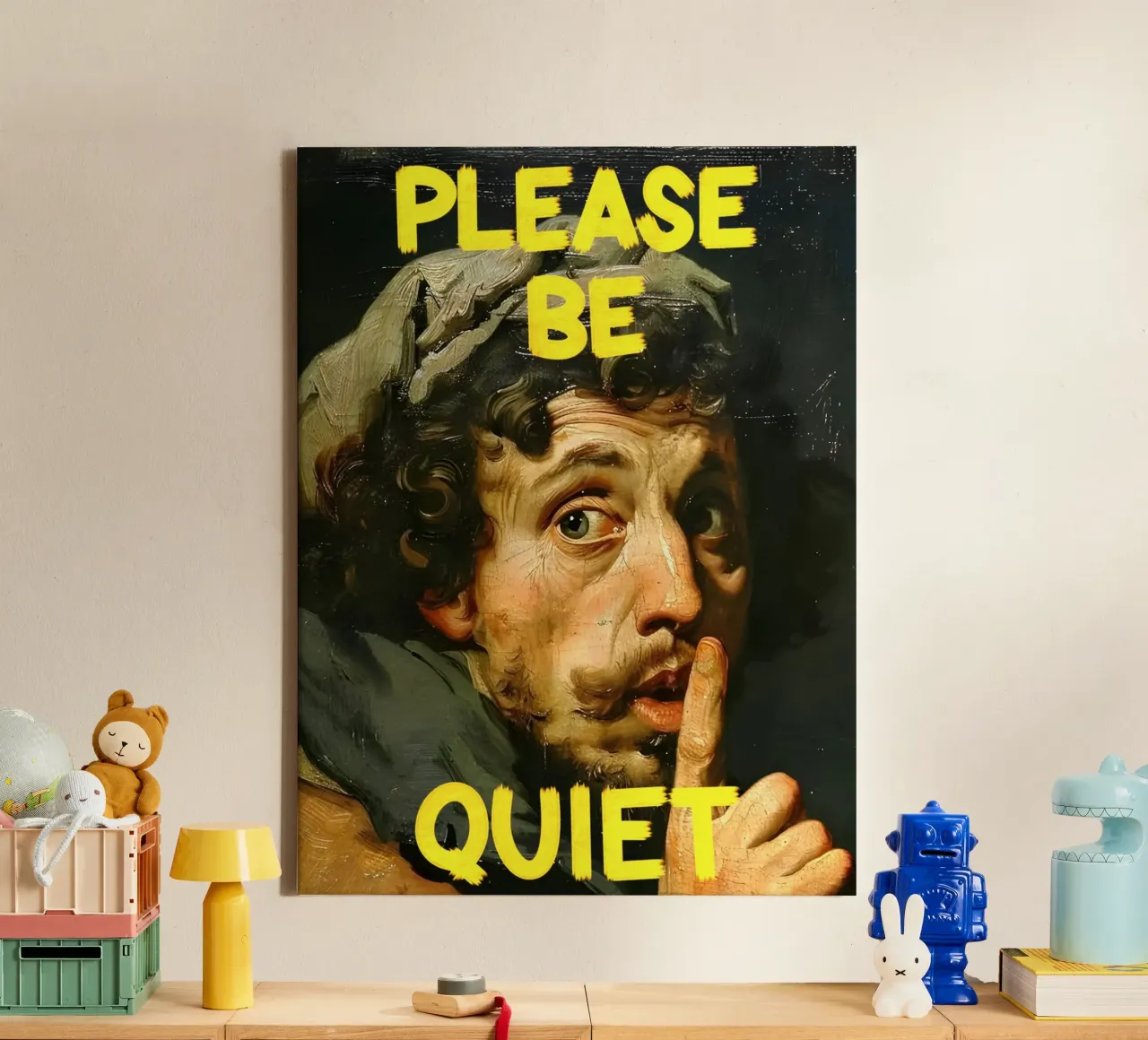 "PLEASE BE QUIET" canvas met Baklijst van Type & Tape